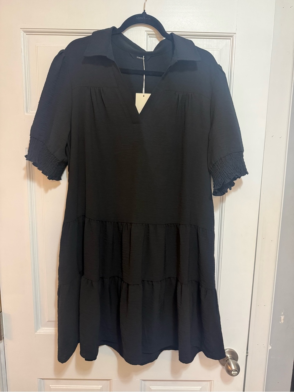 Black Collared Tiered Mini Dress with Smocked Sleeves XL Dokotoo w Pockets!